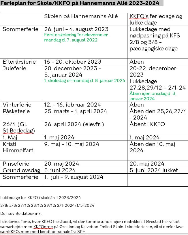 Ferieplan 2023/2024 | Skolen På Hannemanns Allé